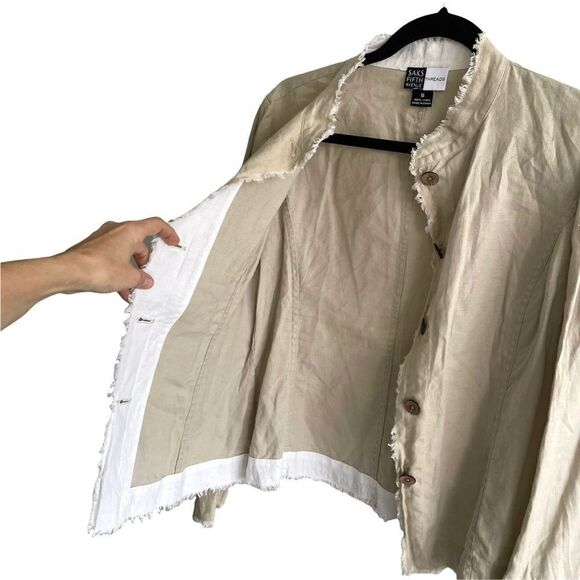 Saks FIFTH AVENUE Threads Linen Button Front Blazer Jacket Tan 6 - Picture 3 of 10